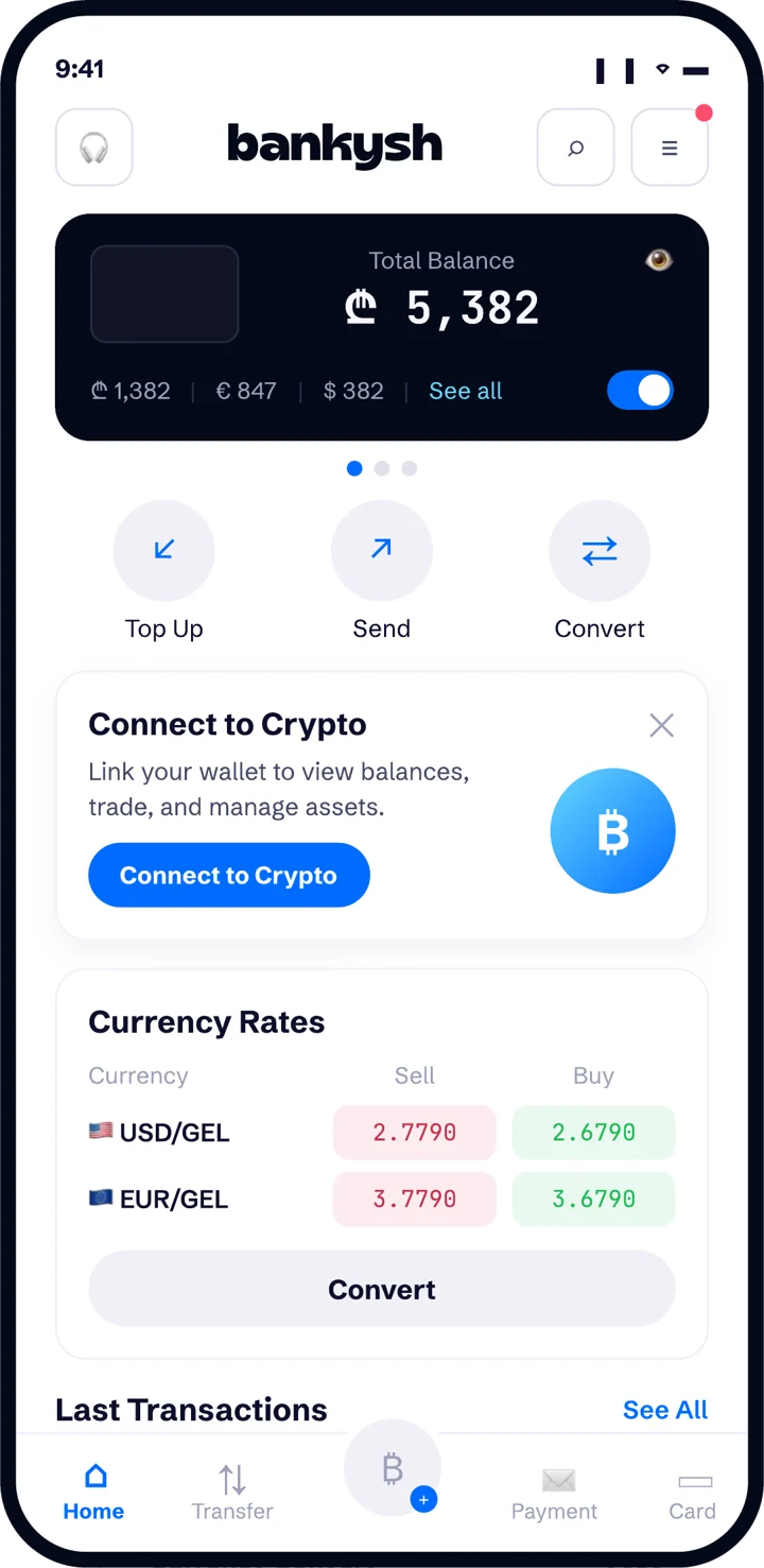 Bankysh app home screen showing a total balance split across lari, euro and dollar, with Top up, Send and Convert actions.
