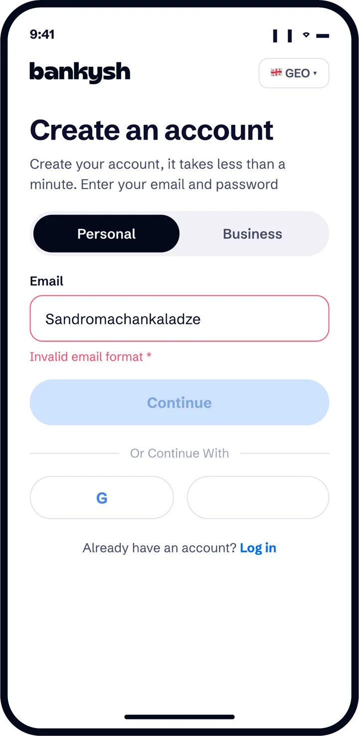 Bankysh sign-up screen: create an account with an email address.