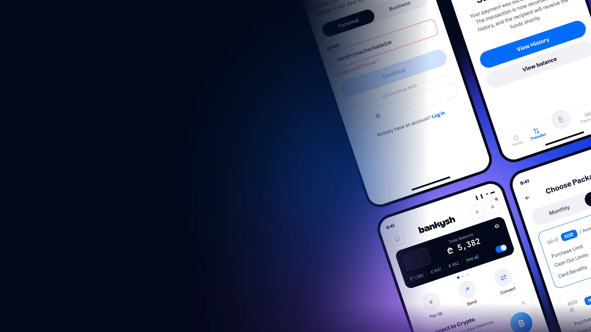 Bankysh app screens: account sign-up, payment success, home balance and package selection.