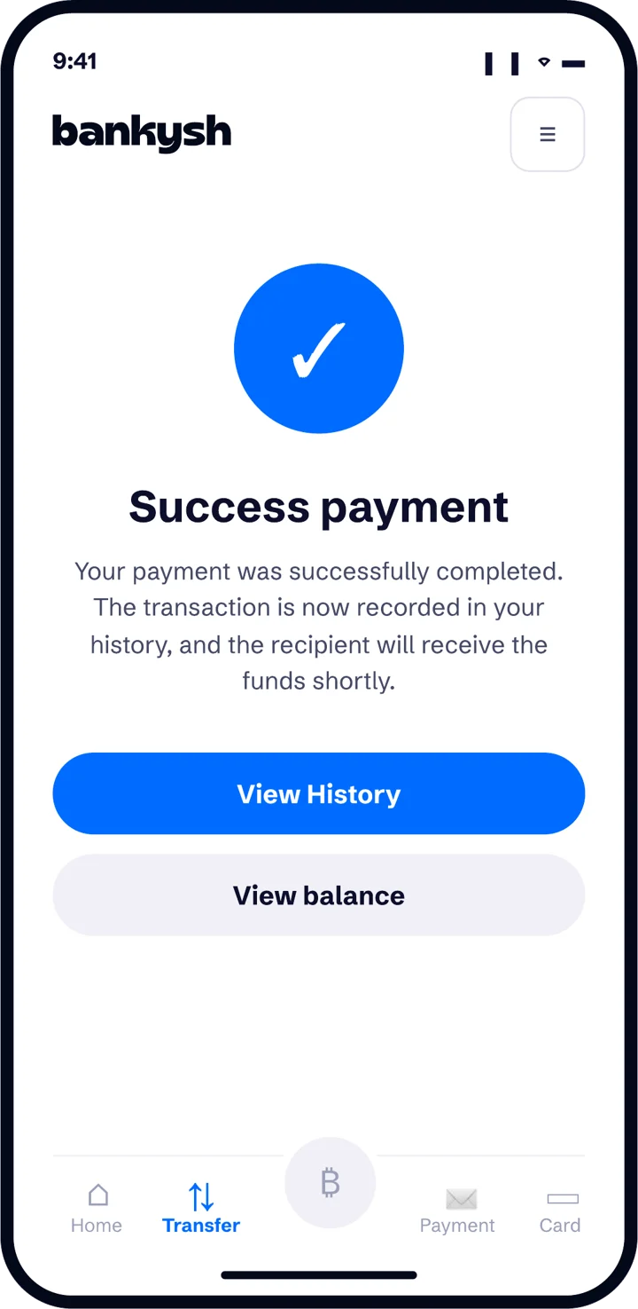 Bankysh payment success screen with View history and View balance buttons.